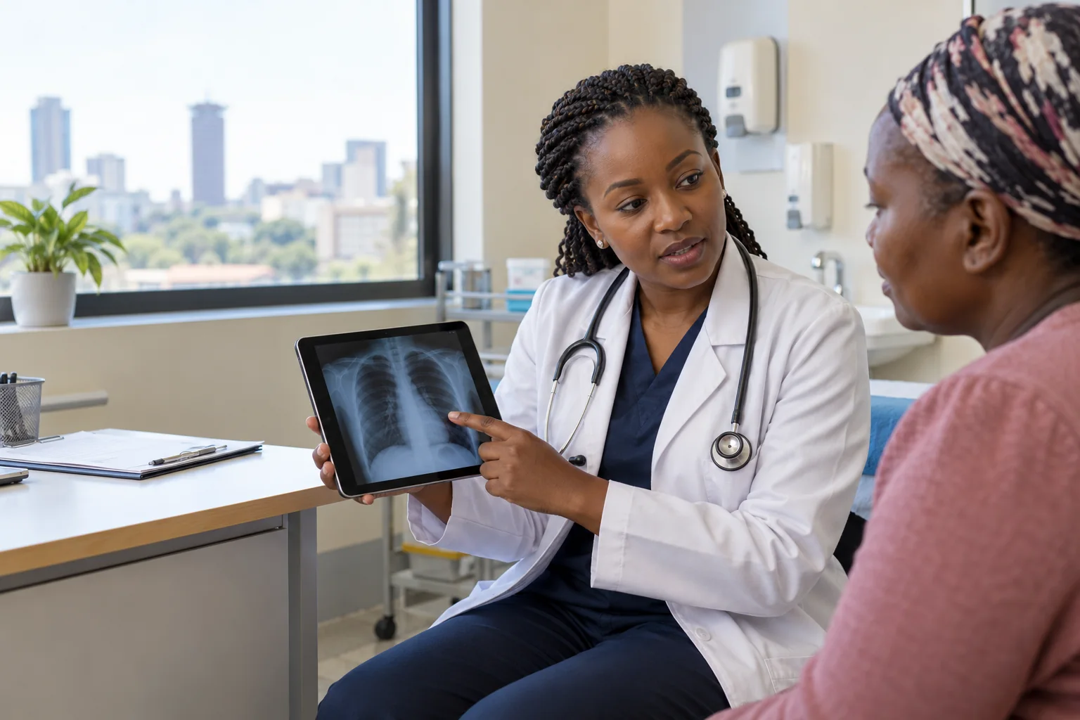 Illustrative editorial image of a doctor reviewing a tablet in a clinic