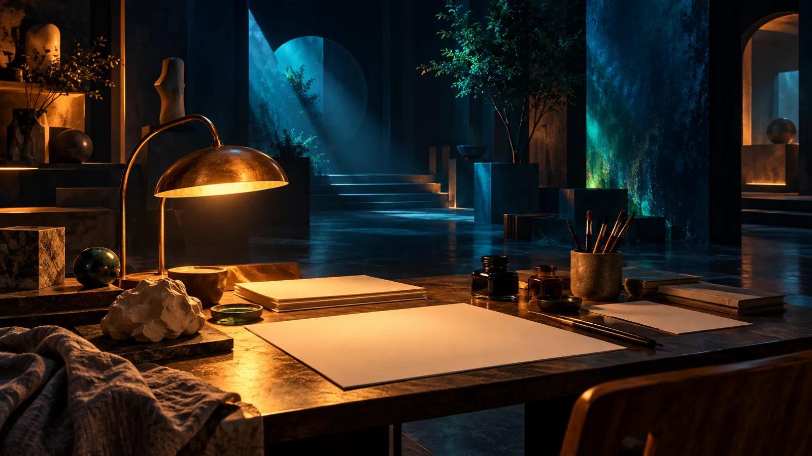 A warm studio desk with paper, ink and a lamp, lit against a deep blue evening
