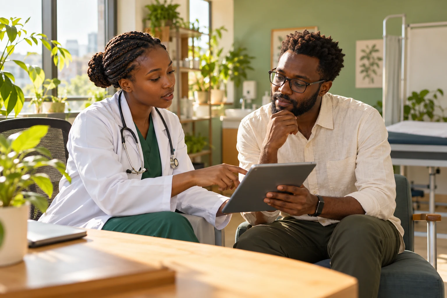 Editorial concept: a clinician and researcher collaborating in a clinic