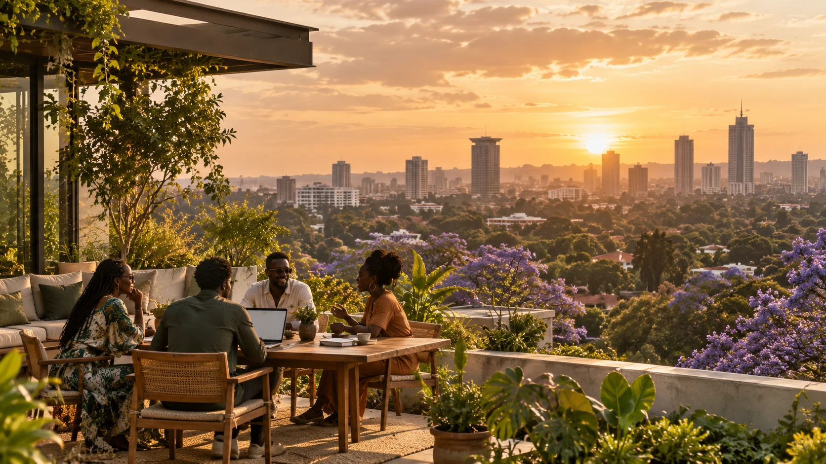 Editorial concept of a leafy Nairobi terrace overlooking the city at golden hour