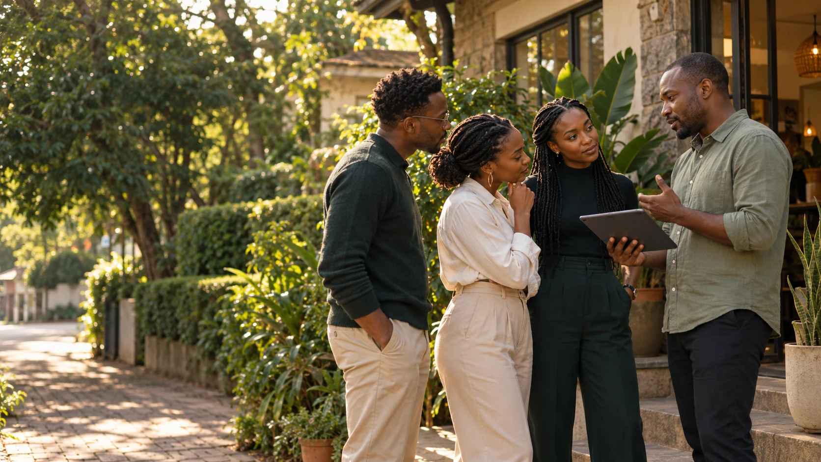 Editorial concept of a growth team listening to a clinic owner outside a Nairobi clinic