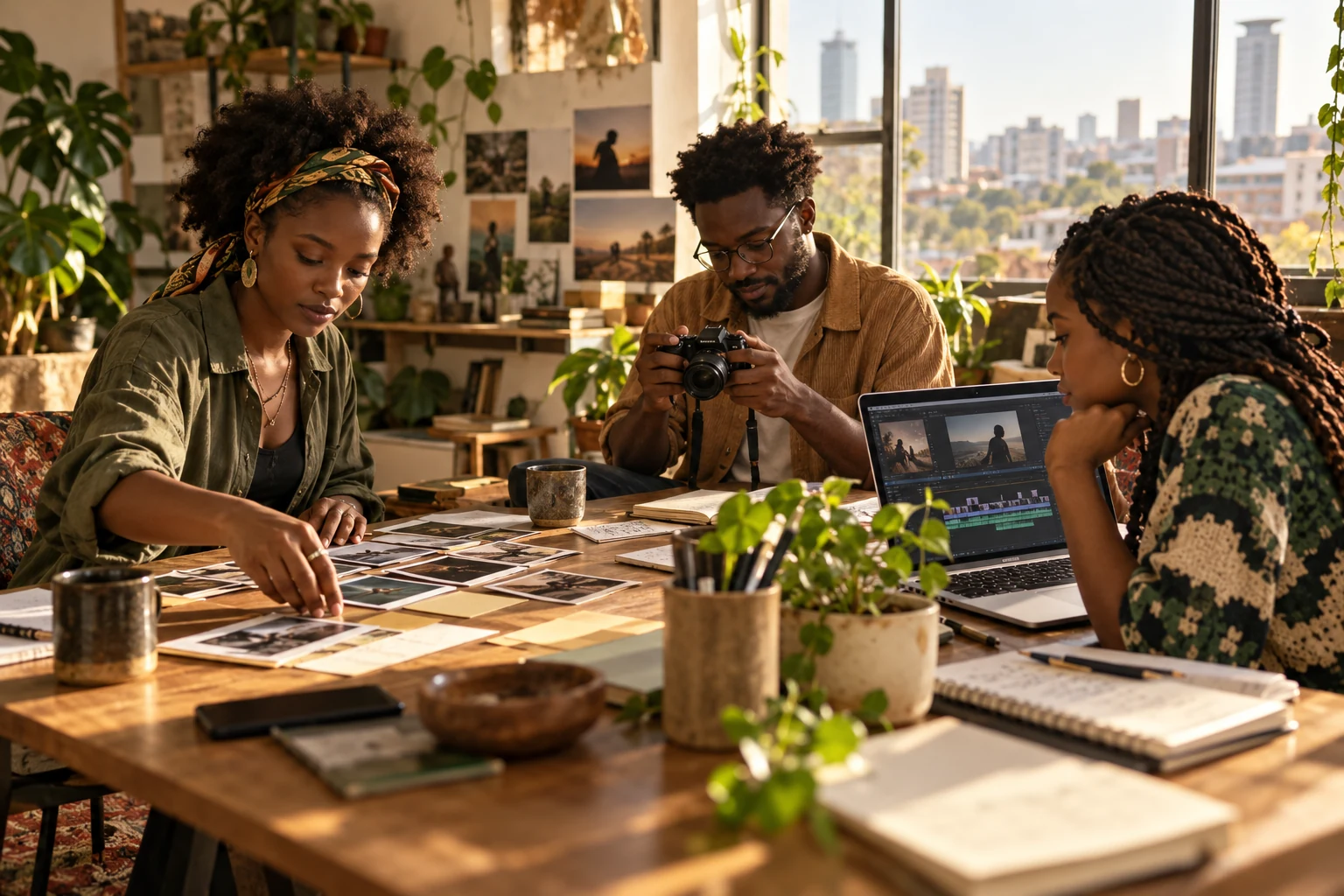 Editorial concept of a Nairobi creative team developing stories and reviewing their work