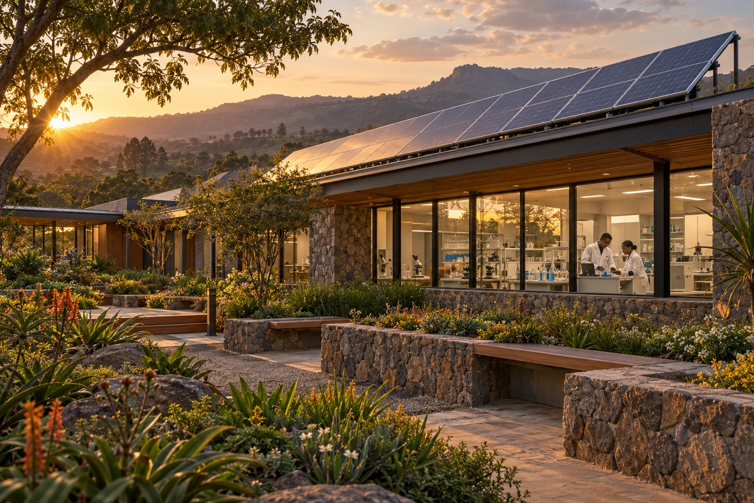 Architectural concept of a Kenyan research campus with rooftop solar panels at golden hour