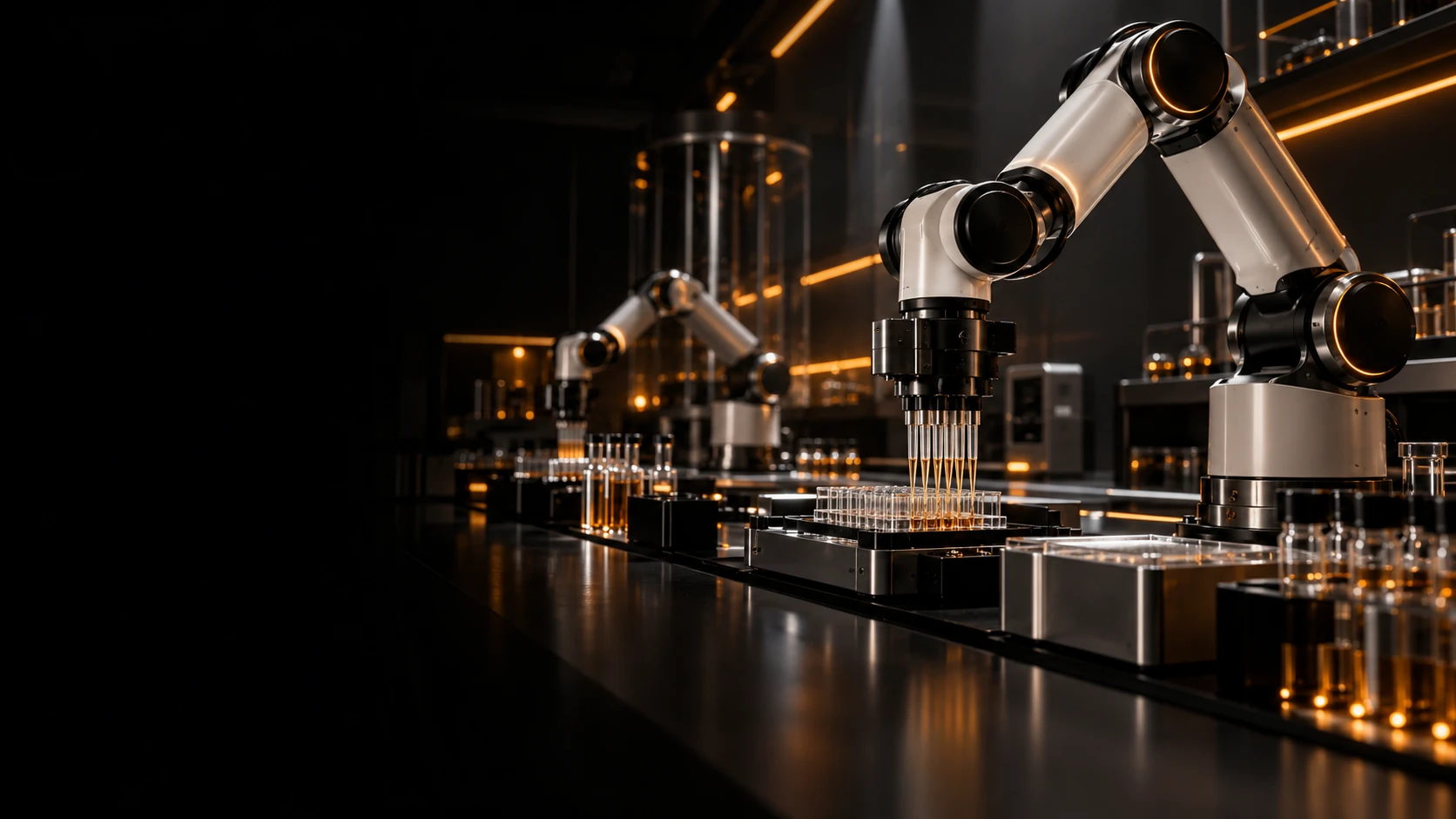 Robotic arms conducting precision experiments in a dark, illuminated wet laboratory