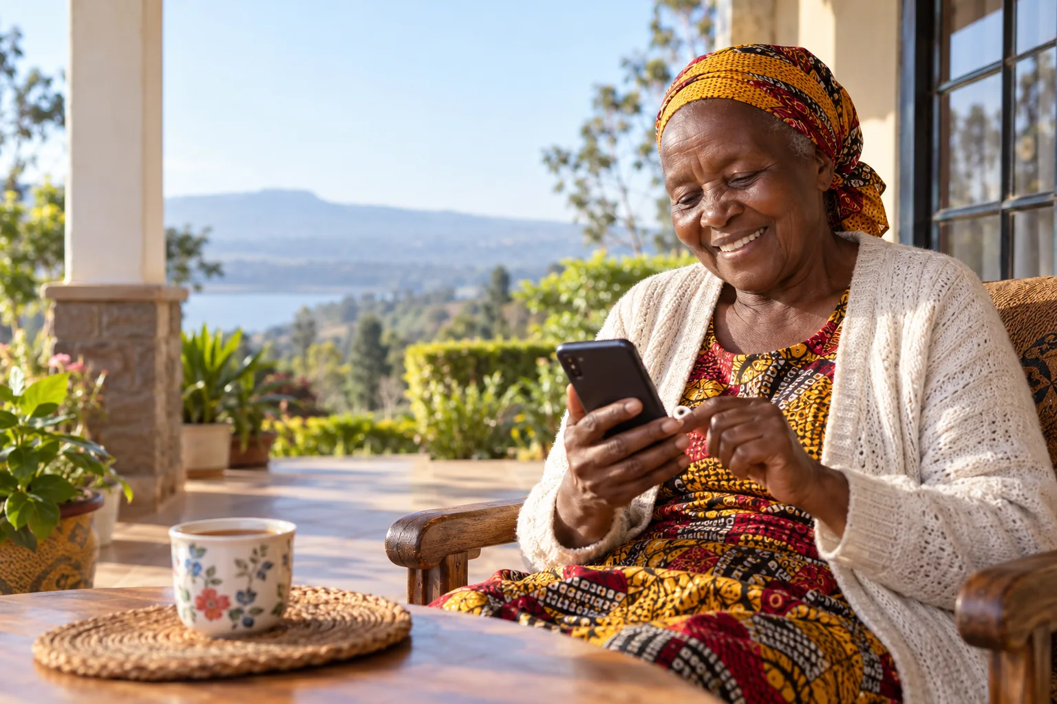 A family caregiver using her phone to coordinate care at home
